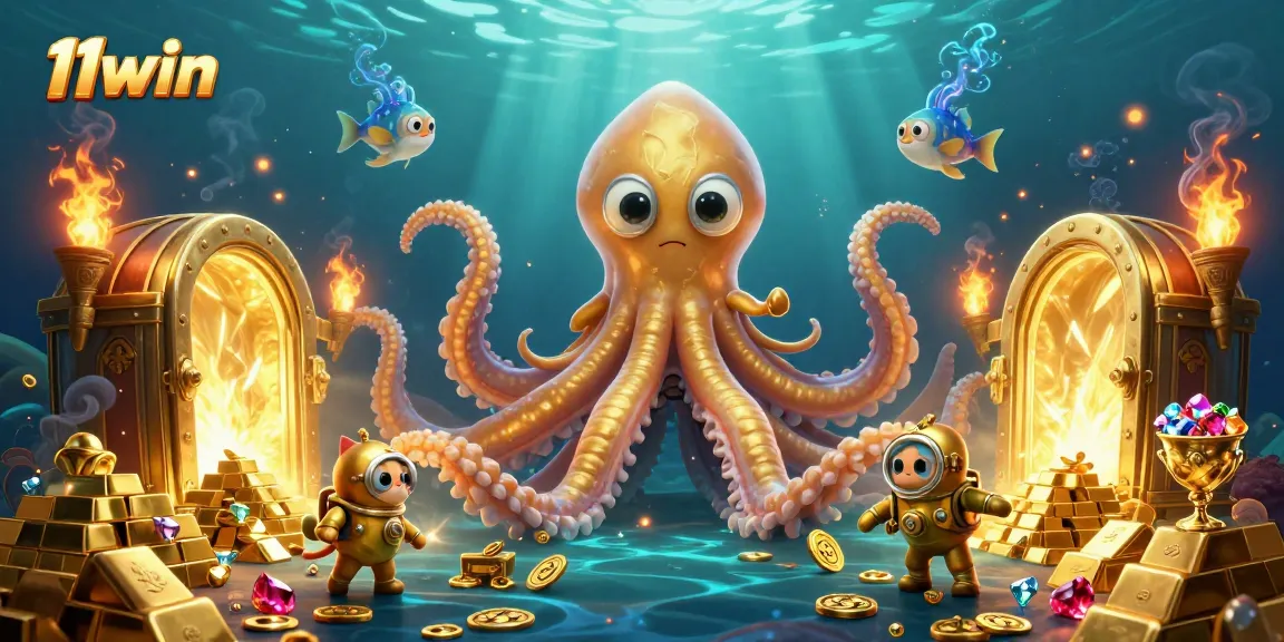 Bet on big wins with 11win as a colossal kraken guards treasure in a vibrant casino scene.