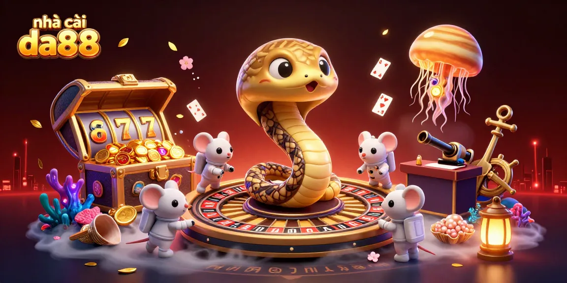 Engaging illustration showcasing nhà cái da88 with a Saturn ring snake and gambling elements, embodying the thrill of casino gaming.