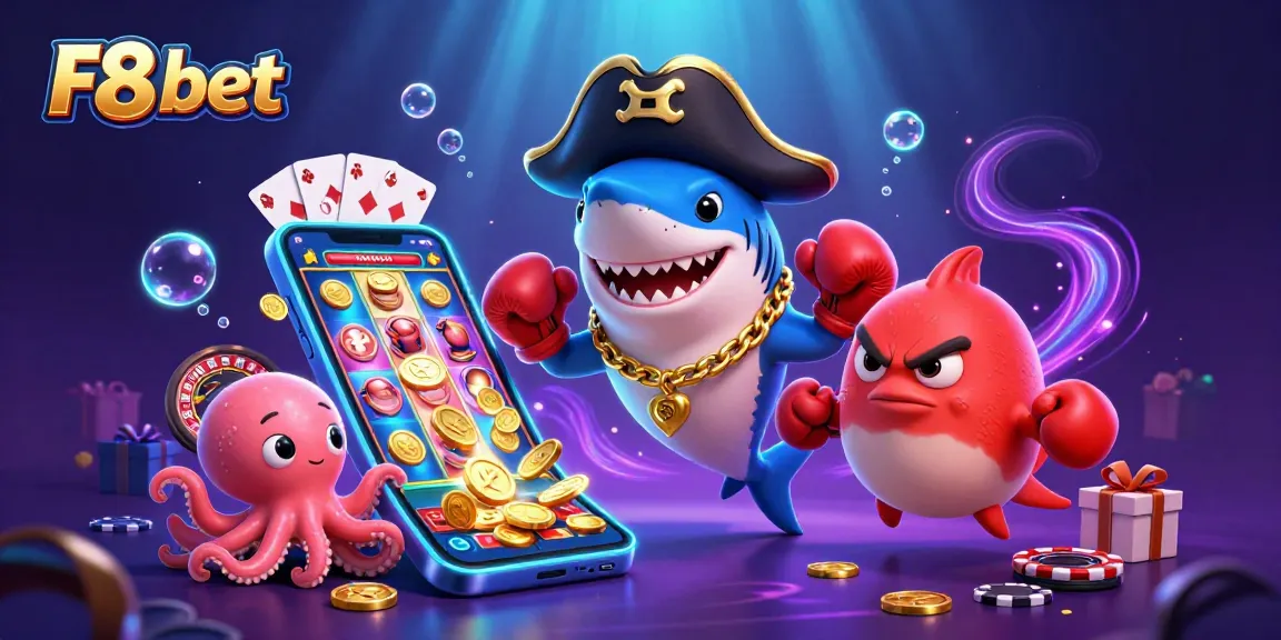 Engage with F8 bet through vibrant 3D casino illustration featuring lively characters and slot game elements.