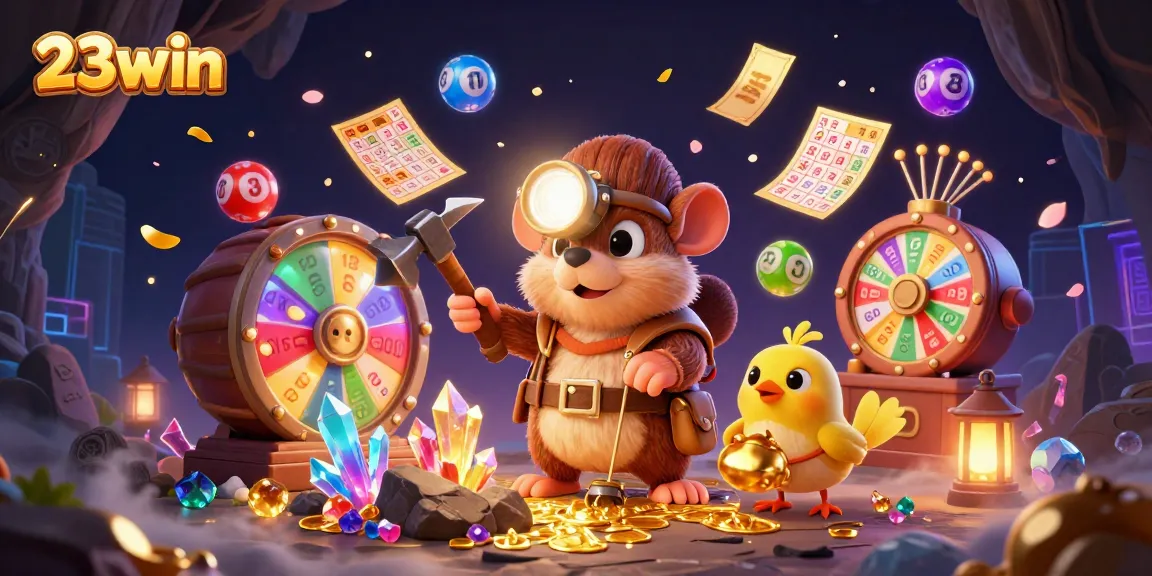 Experience the thrill of 23win with vibrant lottery excitement in a treasure-filled scene.