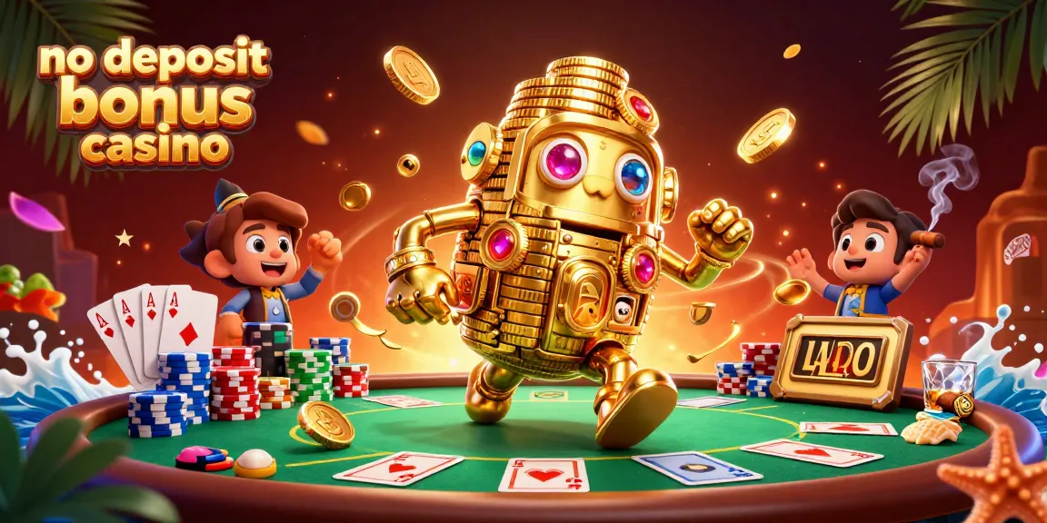 No deposit bonus casino featuring a lively scene with a golden golem and poker elements, promoting risk-free gaming.