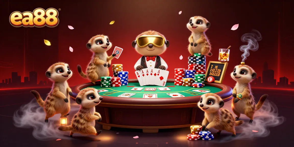 Experience excitement at the ea88 casino with meerkat dealers and massive poker chip towers.