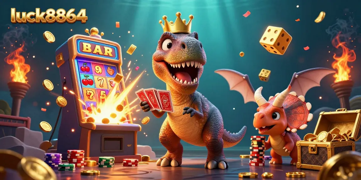 Engage with luck8864’s vibrant 3D casino scene featuring dinosaurs playing cards and winning jackpots.