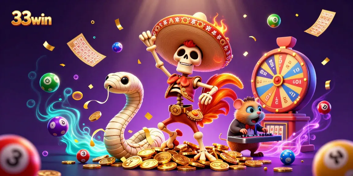 Engage with 33win's vibrant gaming scene showcasing dynamic lottery games and characters.