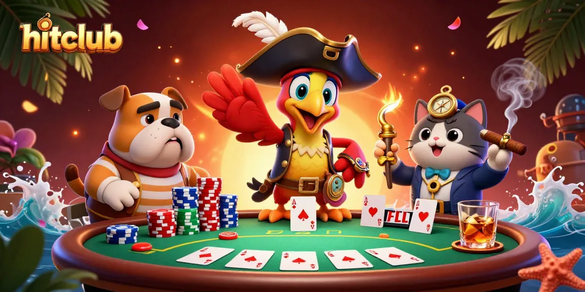 Hitclub players engaging with a poker table filled with colorful chips and cards, amidst an adventurous scene.